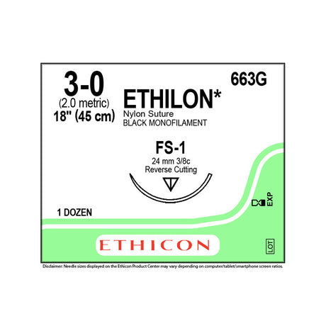 Ethicon ETHILON Nylon Suture, Size: 3-0, Needle: FS-1, BLACK, 12/bx. MPN: 663G