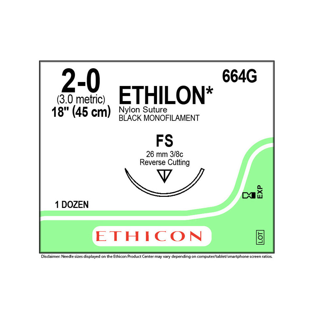 Ethicon ETHILON Nylon Suture, Size: 2-0, Needle: FS, BLACK, 12/bx. MPN: 664G