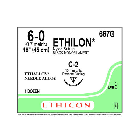 Ethicon ETHILON Nylon Suture, Size: 6-0, Needle: C-2, BLACK, 12/bx. MPN: 667G