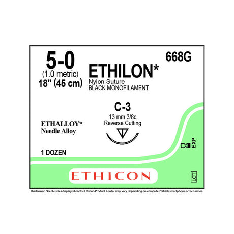 Ethicon ETHILON Nylon Suture, Size: 5-0, Needle: C-3, BLACK, 12/bx. MPN: 668G