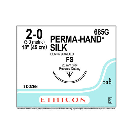 Ethicon PERMAHAND Silk Suture, Size: 2-0, Needle: FS, BLACK, 12/bx. MPN: 685G
