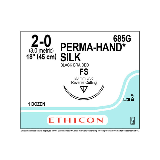 Ethicon PERMAHAND Silk Suture, Size: 2-0, Needle: FS, BLACK, 12/bx. MPN: 685G