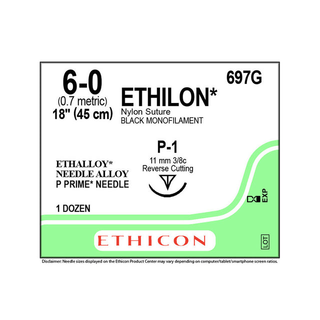 Ethicon ETHILON Nylon Suture, Size: 6-0, Needle: P-1, BLACK, 12/bx. MPN: 697G