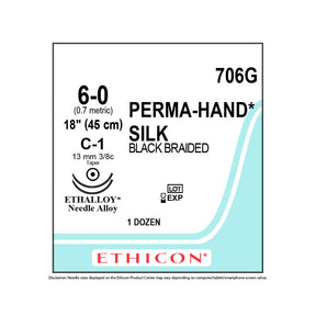 Ethicon PERMAHAND Silk Suture, Size: 6-0, Needle: C-1, C-1, BLACK, 12/bx. MPN: 706G