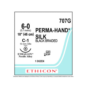 Ethicon PERMAHAND Silk Suture, Size: 6-0, Needle: C-1, BLACK, 12/bx. MPN: 707G