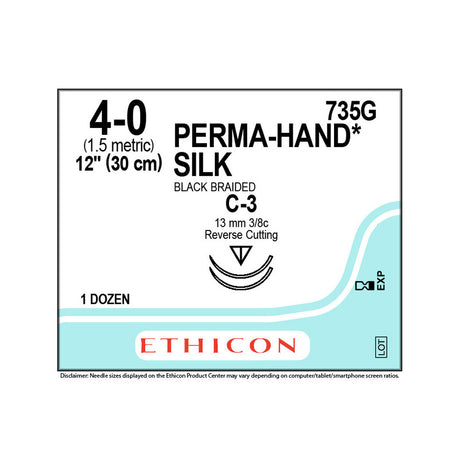 Ethicon PERMAHAND Silk Suture, Size: 4-0, Needle: C-3, C-3, BLACK, 12/bx. MPN: 735G