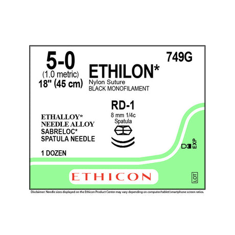 Ethicon ETHILON Nylon Suture, Size: 5-0, Needle: RD-1, RD-1, BLACK, 12/bx. MPN: 749G
