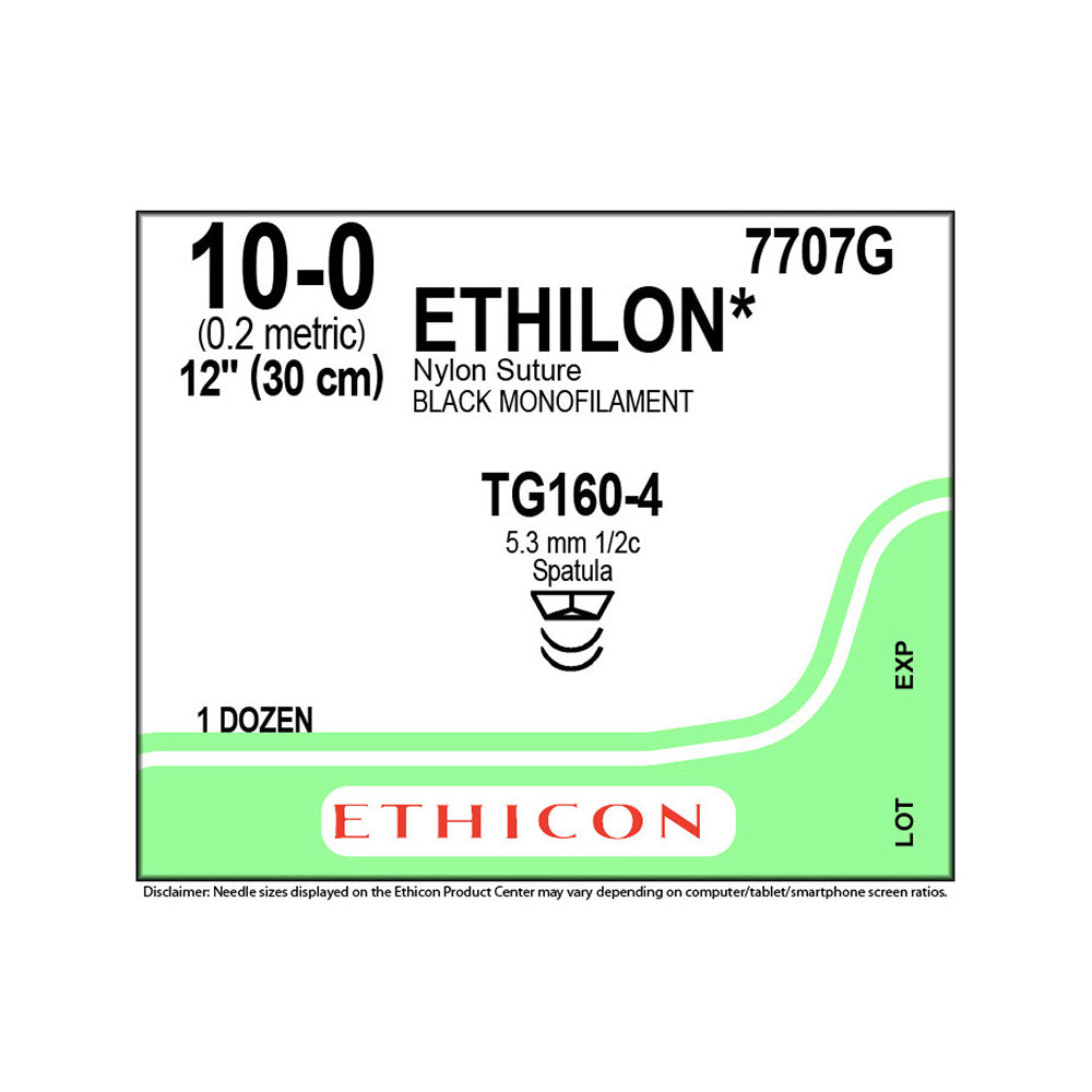 Ethicon ETHILON Nylon Suture, Size: 10-0, Needle: TG160-4, TG160-4, BLACK, 12/bx. MPN: 7707G