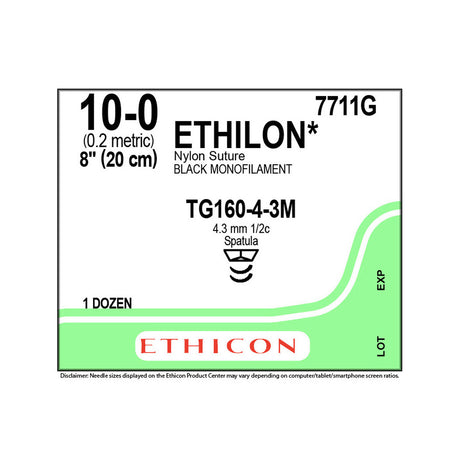 Ethicon ETHILON Nylon Suture, Size: 10-0, Needle: TG160-4-3M, TG160-4-3M, BLACK, 12/bx. MPN: 7711G