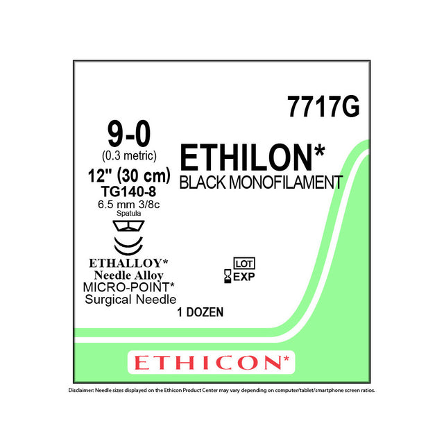 Ethicon ETHILON Nylon Suture, Size: 9-0, Needle: TG140-8, TG140-8, BLACK, 12/bx. MPN: 7717G