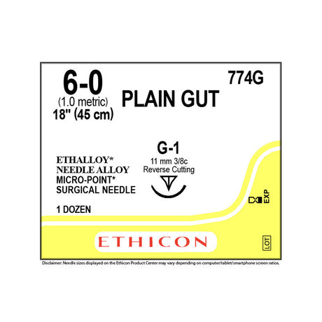 Ethicon Surgical Gut Suture - Plain, Size: 6-0, Needle: G-1, YELLOWISH TAN, 12/bx. MPN: 774G