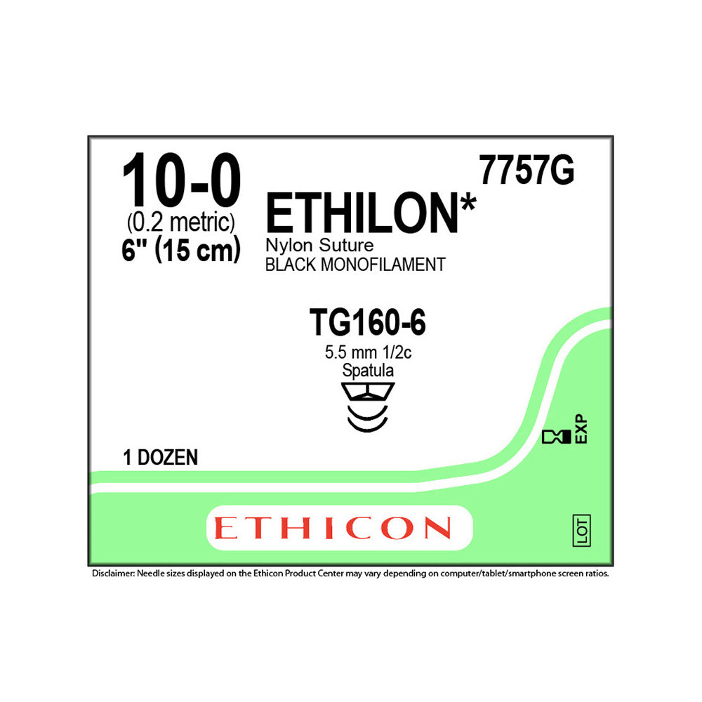 Ethicon ETHILON Nylon Suture, Size: 10-0, Needle: TG160-6, TG160-6, BLACK, 12/bx. MPN: 7757G