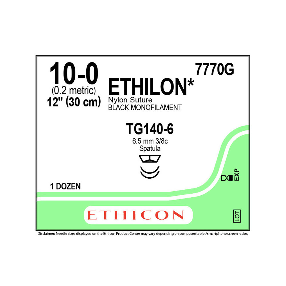 Ethicon ETHILON Nylon Suture, Size: 10-0, Needle: TG140-6, TG140-6, BLACK, 12/bx. MPN: 7770G