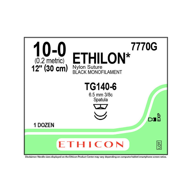 Ethicon ETHILON Nylon Suture, Size: 10-0, Needle: TG140-6, TG140-6, BLACK, 12/bx. MPN: 7770G