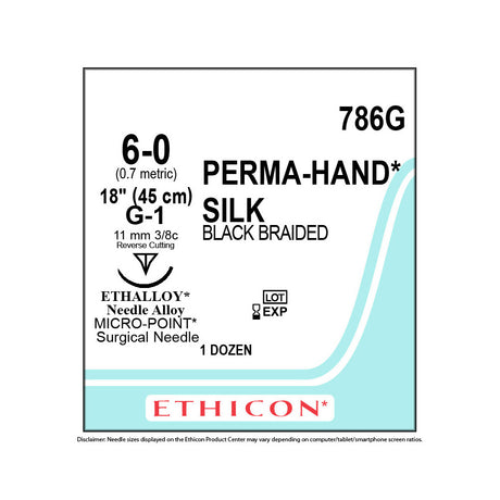 Ethicon PERMAHAND Silk Suture, Size: 6-0, Needle: G-1, BLACK, 12/bx. MPN: 786G
