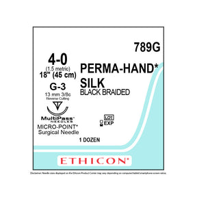 Ethicon PERMAHAND Silk Suture, Size: 4-0, Needle: G-3, BLACK, 12/bx. MPN: 789G
