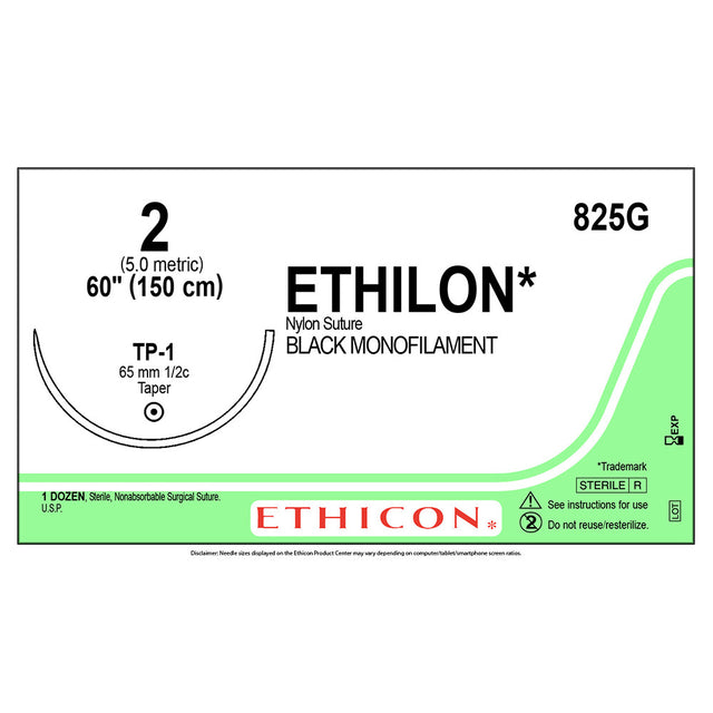 Ethicon ETHILON Nylon Suture, Size: 2, Needle: TP-1, BLACK, 12/bx. MPN: 825G