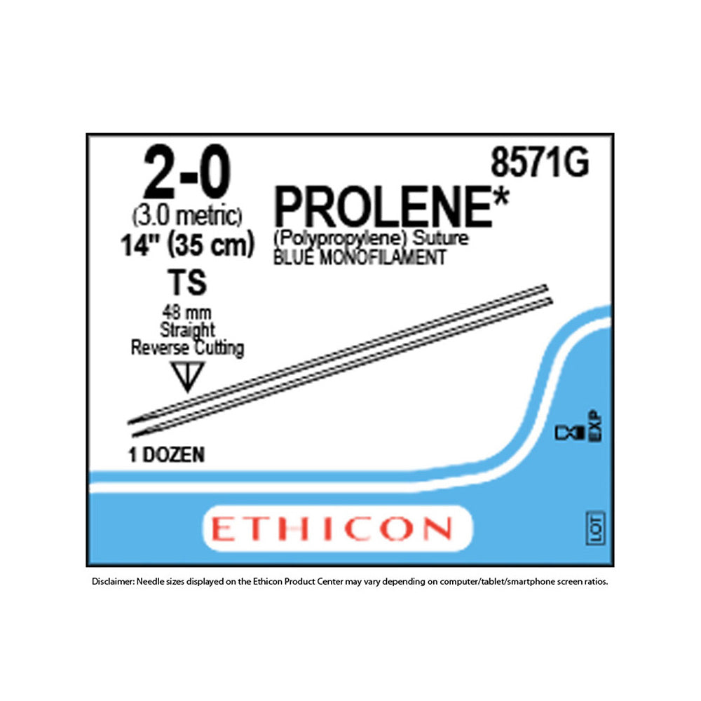 Ethicon PROLENE Polypropylene Suture, Size: 2-0, Needle: TS, TS, BLUE, 12/bx. MPN: 8571G