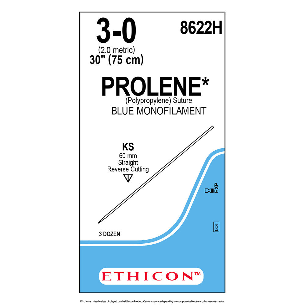 Ethicon PROLENE Polypropylene Suture, Size: 3-0, Needle: KS, BLUE, 36/bx. MPN: 8622H