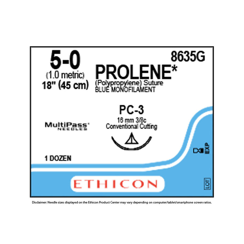 Ethicon PROLENE Polypropylene Suture, Size: 5-0, Needle: PC-3, BLUE, 12/bx. MPN: 8635G