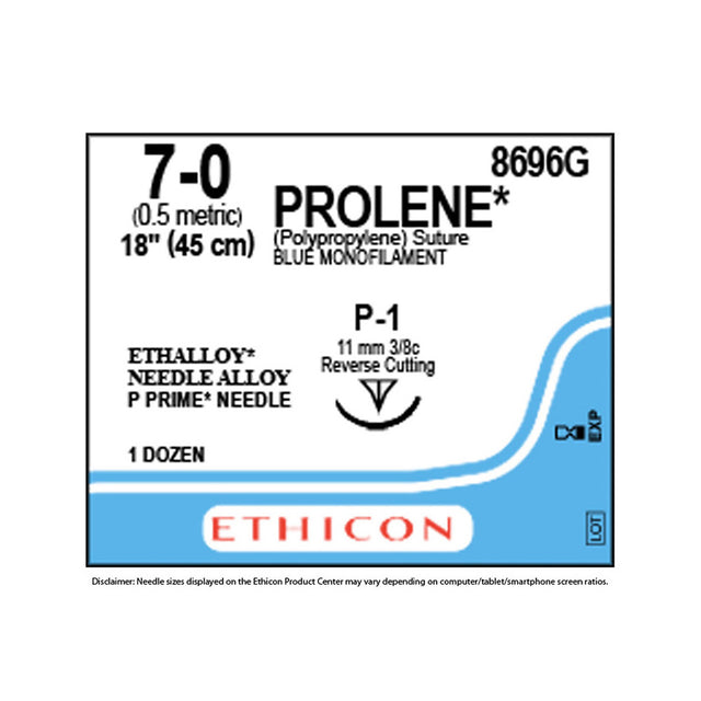 Ethicon PROLENE Polypropylene Suture, Size: 7-0, Needle: P-1, BLUE, 12/bx. MPN: 8696G