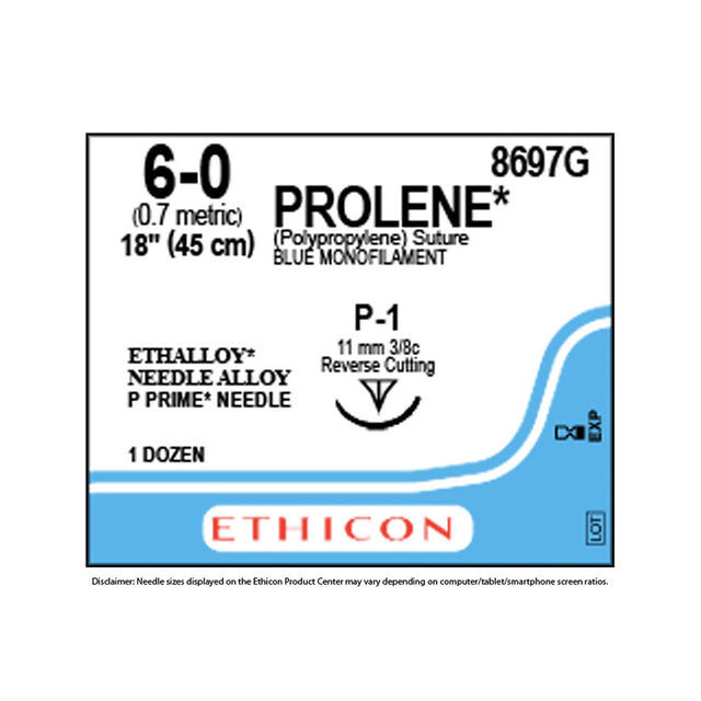 Ethicon PROLENE Polypropylene Suture, Size: 6-0, Needle: P-1, BLUE, 12/bx. MPN: 8697G