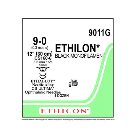 Ethicon ETHILON Nylon Suture, Size: 9-0, Needle: CS160-6, CS160-6, BLACK, 12/bx. MPN: 9011G