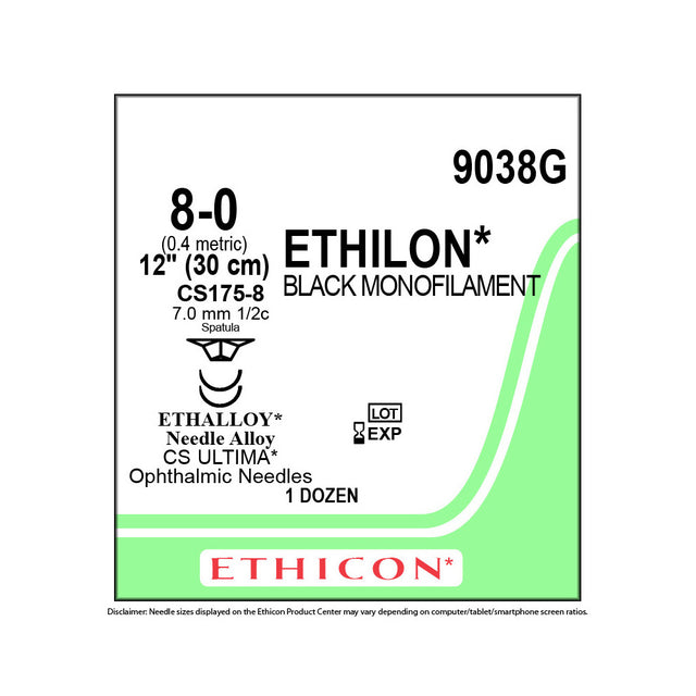 Ethicon ETHILON Nylon Suture, Size: 8-0, Needle: CS175-8, CS175-8, BLACK, 12/bx. MPN: 9038G