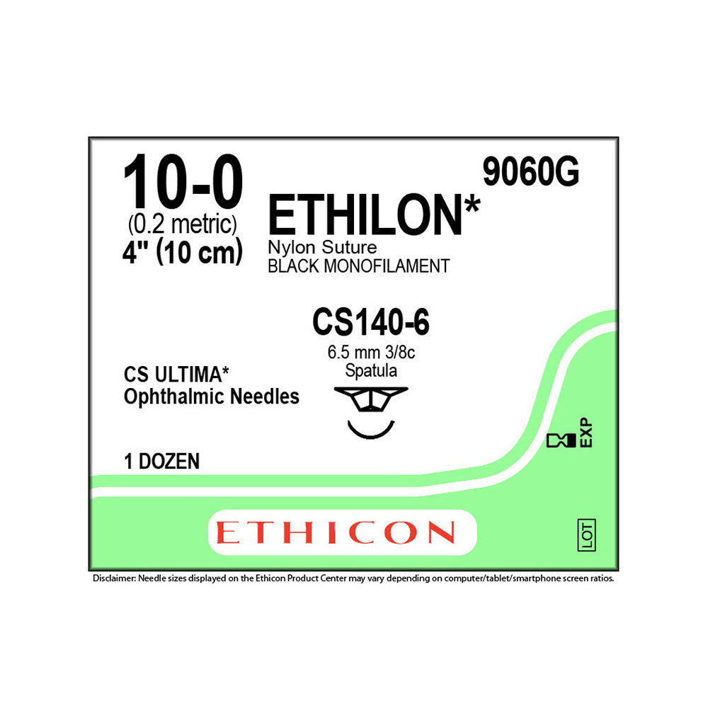 Ethicon ETHILON Nylon Suture, Size: 10-0, Needle: CS140-6, BLACK, 12/bx. MPN: 9060G