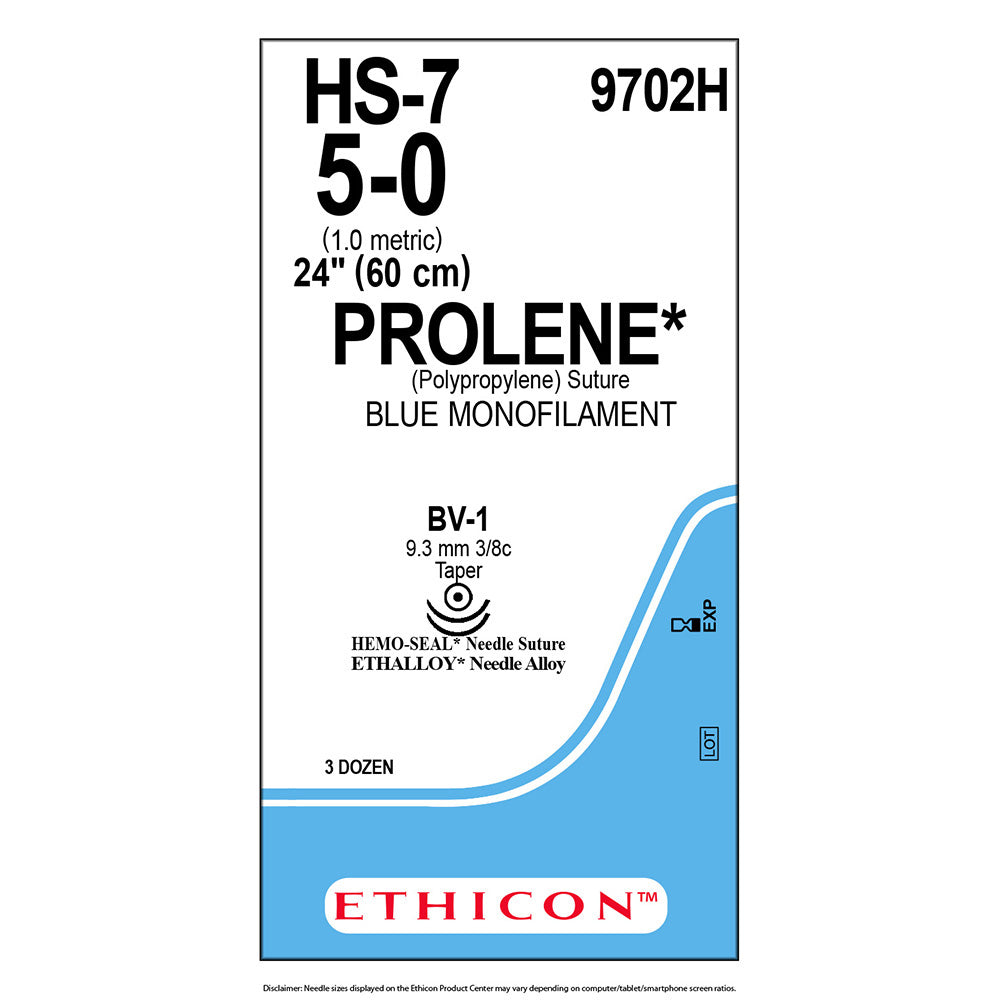 Ethicon PROLENE Polypropylene Suture, Size: 5-0, Needle: BV-1, BV-1, HEMOSEAL Technology, BLUE, 36/bx. MPN: 9702H