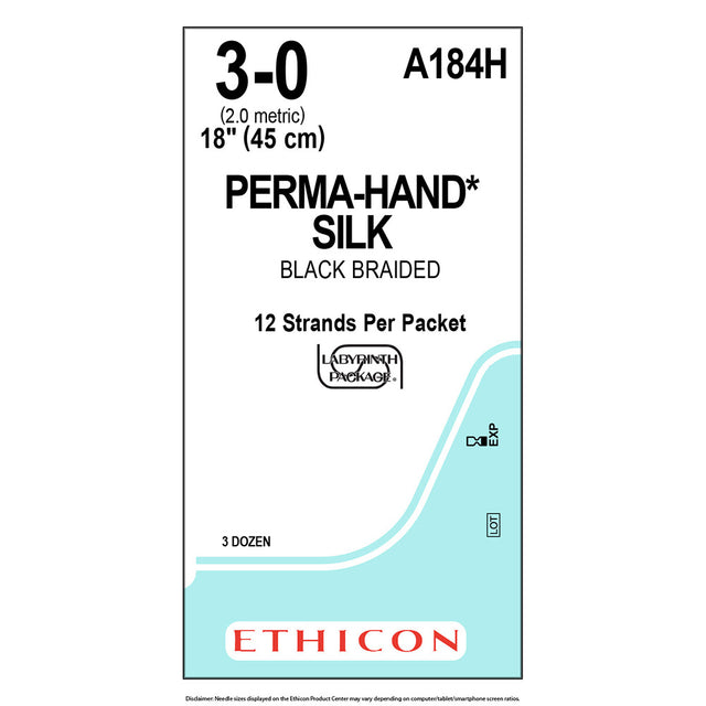 Ethicon PERMAHAND Silk Suture, Size: 3-0, NO NEEDLE, BLACK, 36/bx. MPN: A184H
