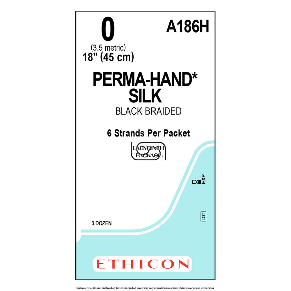 Ethicon PERMAHAND Silk Suture, Size: 0, NO NEEDLE, BLACK, 36/bx. MPN: A186H