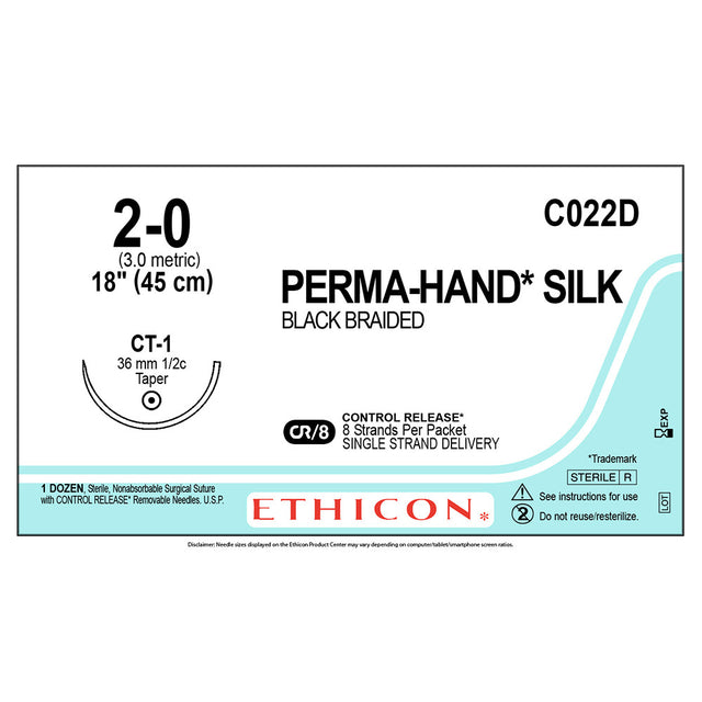 Ethicon PERMAHAND Silk Suture, Size: 2-0, Needle: CT-1, BLACK, 12/bx. MPN: C022D