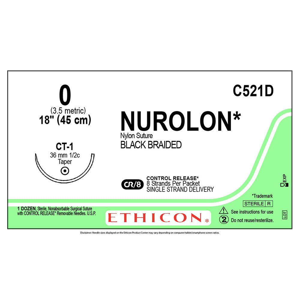 Ethicon NUROLON Nylon Suture, Size: 0, Needle: CT-1, BLACK, 12/bx. MPN: C521D