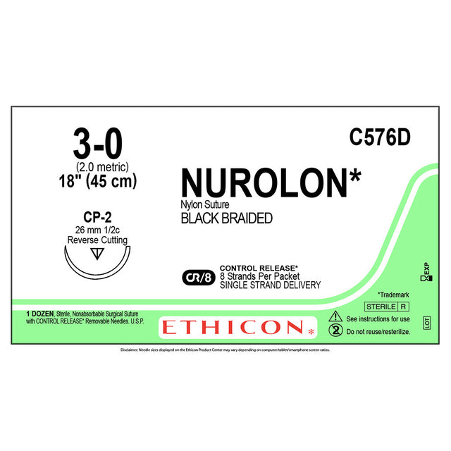 Ethicon NUROLON Nylon Suture, Size: 3-0, Needle: CP-2, BLACK, 12/bx. MPN: C576D