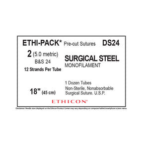 Ethicon Surgical Stainless Steel Suture, Size: 2, NO NEEDLE, ETHI-PACK, SILVER, 12/bx. MPN: DS24