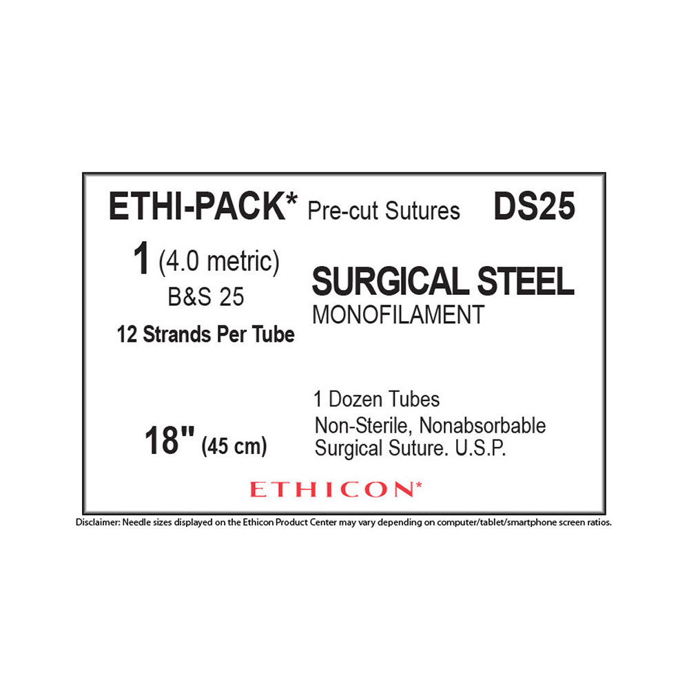 Ethicon Surgical Stainless Steel Suture, Size: 1, NO NEEDLE, ETHI-PACK, SILVER, 12/bx. MPN: DS25
