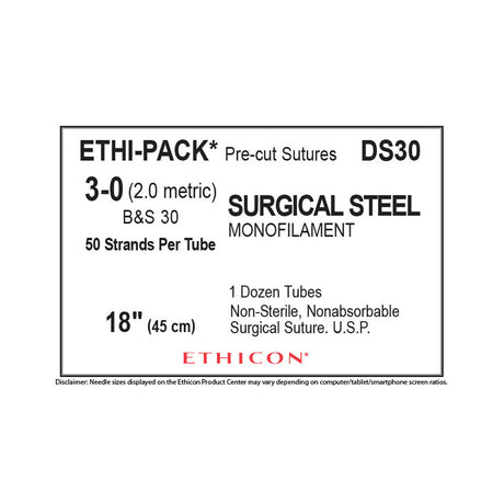 Ethicon Surgical Stainless Steel Suture, Size: 3-0, NO NEEDLE, ETHI-PACK, SILVER, 12/bx. MPN: DS30