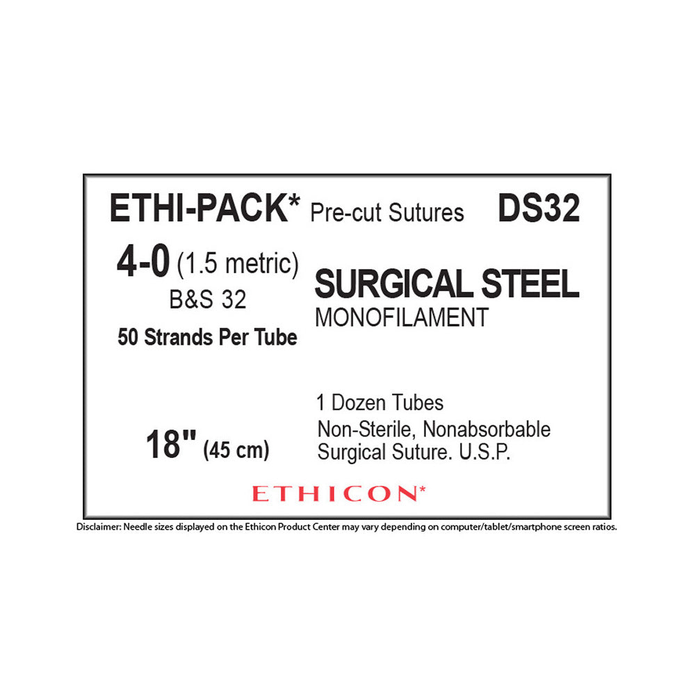 Ethicon Surgical Stainless Steel Suture, Size: 4-0, NO NEEDLE, ETHI-PACK, SILVER, 12/bx. MPN: DS32