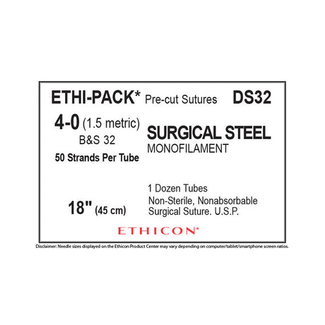 Ethicon Surgical Stainless Steel Suture, Size: 4-0, NO NEEDLE, ETHI-PACK, SILVER, 12/bx. MPN: DS32