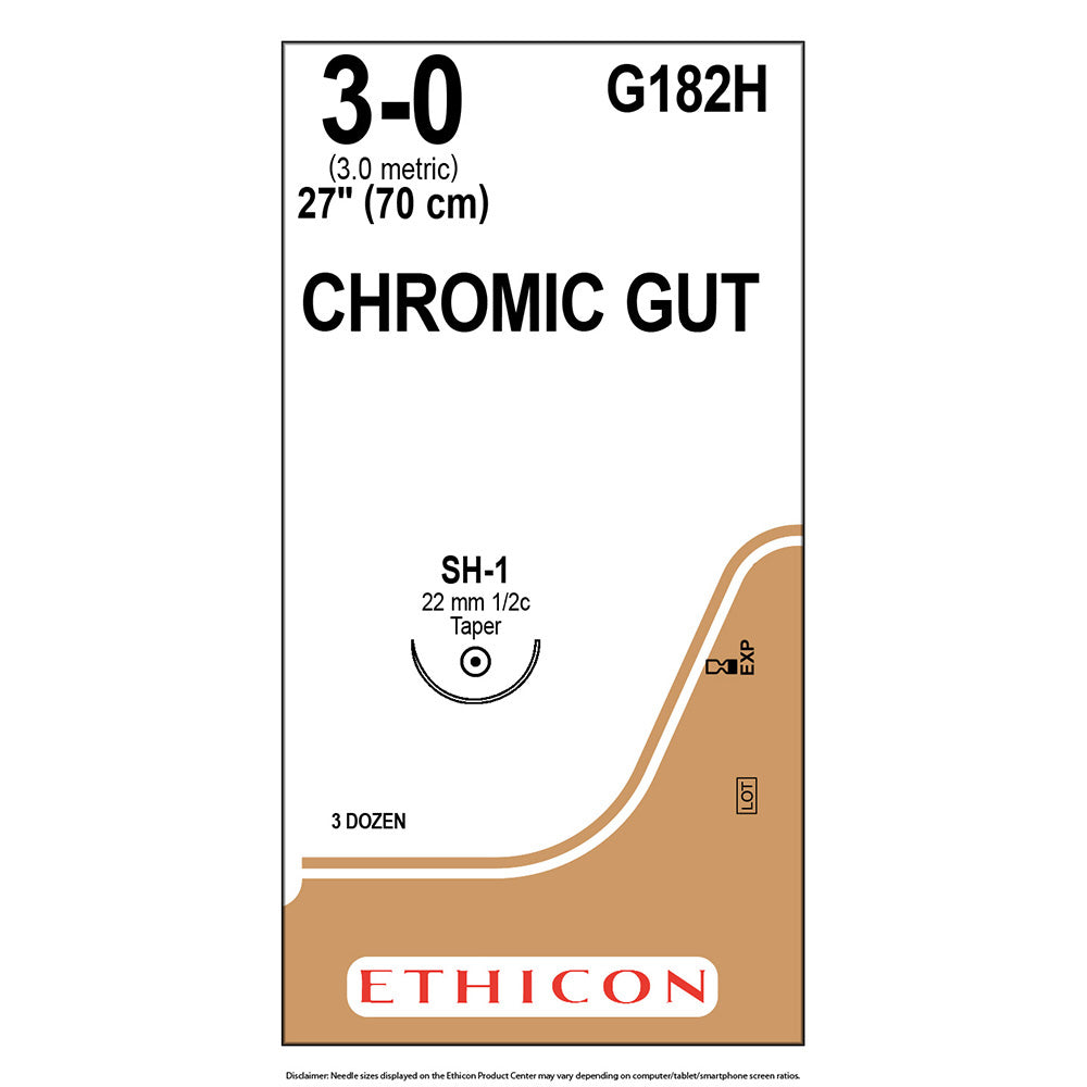 Ethicon Surgical Gut Suture - Chromic, Size: 3-0, Needle: SH-1, UNDYED, 36/bx. MPN: G182H