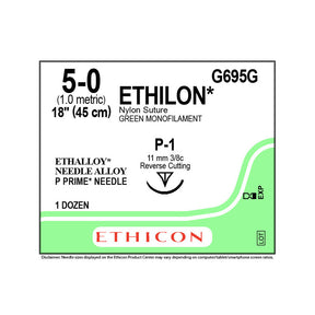 Ethicon ETHILON Nylon Suture, Size: 5-0, Needle: P-1, GREEN, 12/bx. MPN: G695G