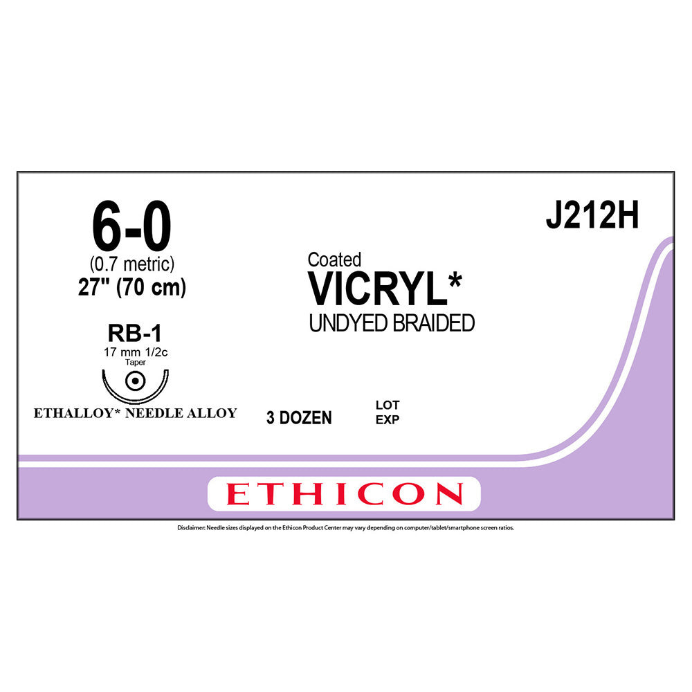 Ethicon COATED VICRYL Suture, Size: 6-0, Needle: RB-1, UNDYED, 36/bx. MPN: J212H