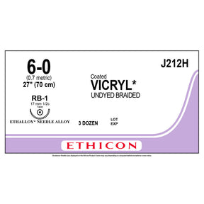 Ethicon COATED VICRYL Suture, Size: 6-0, Needle: RB-1, UNDYED, 36/bx. MPN: J212H