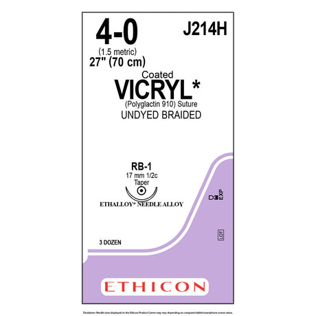 Ethicon COATED VICRYL Suture, Size: 4-0, Needle: RB-1, UNDYED, 36/bx. MPN: J214H