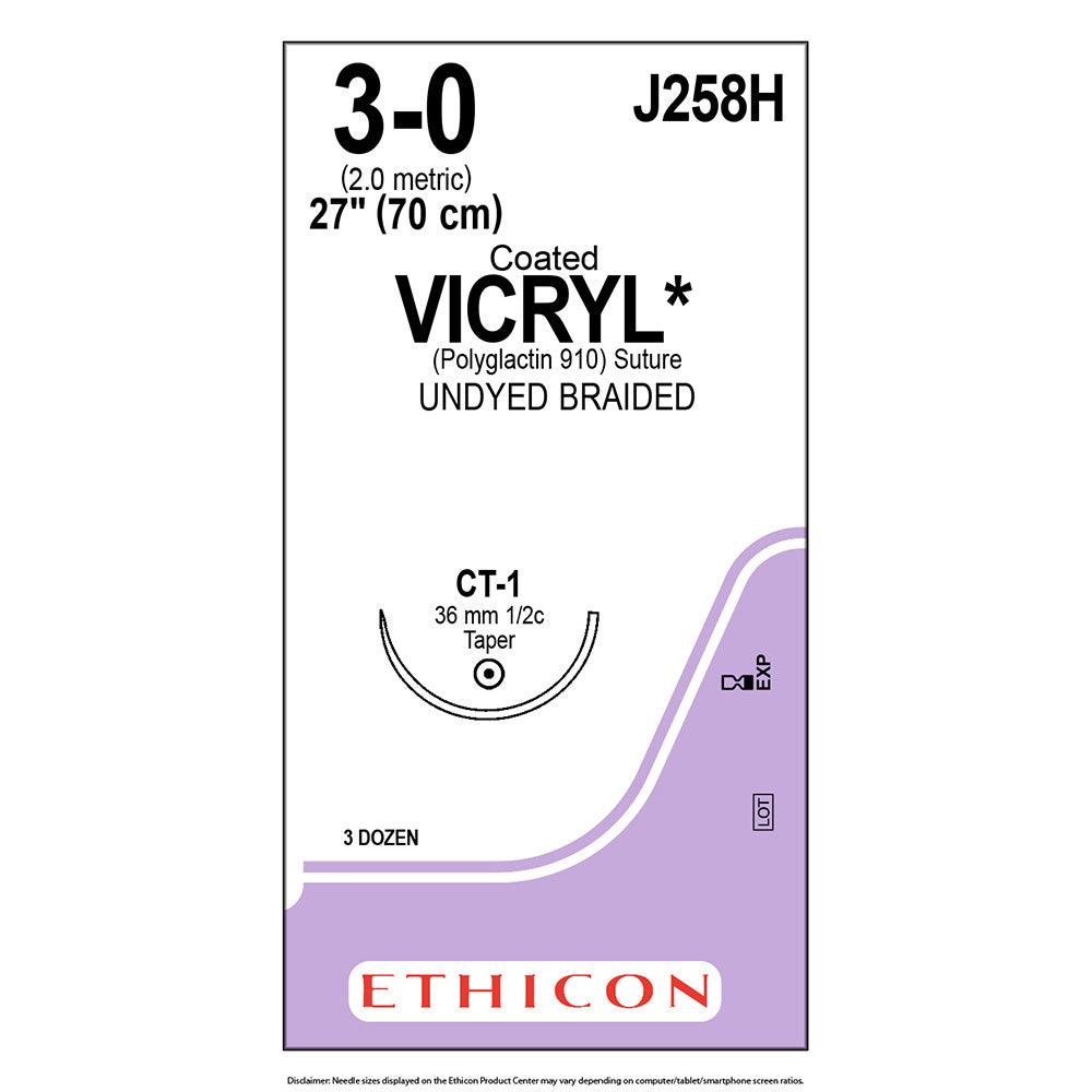 Ethicon COATED VICRYL Suture, Size: 3-0, Needle: CT-1, UNDYED, 36/bx. MPN: J258H