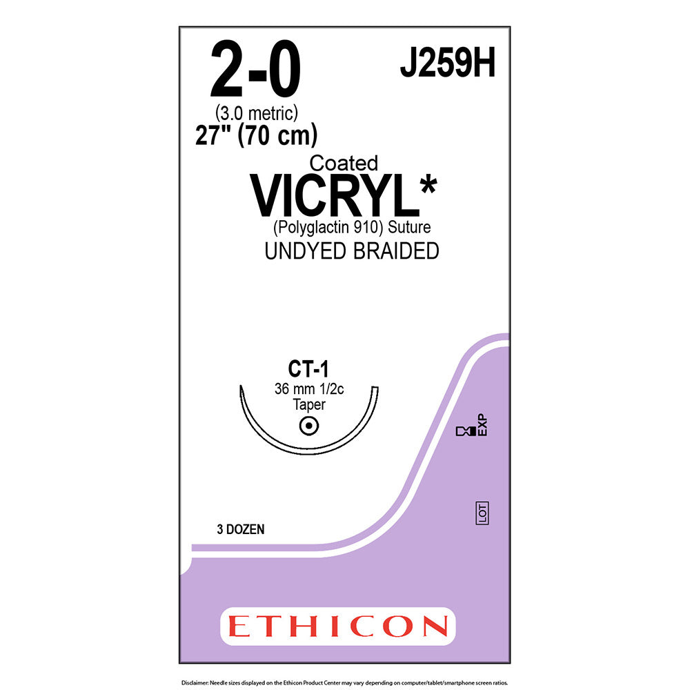 Ethicon COATED VICRYL Suture, Size: 2-0, Needle: CT-1, UNDYED, 36/bx. MPN: J259H
