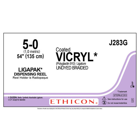 Ethicon COATED VICRYL Suture, Size: 5-0, Needle: LIGAPAK Reel, UNDYED, 12/bx. MPN: J283G