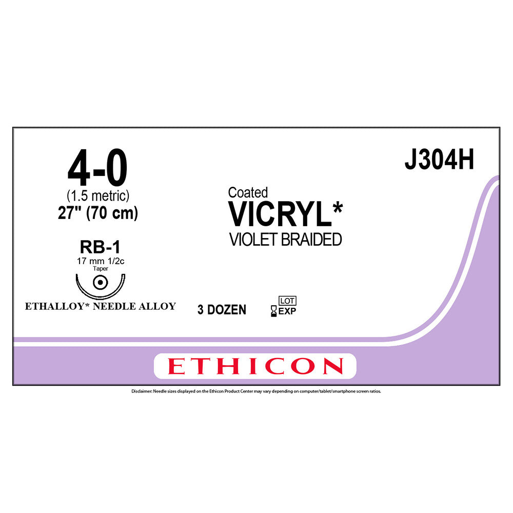 Ethicon COATED VICRYL Suture, Size: 4-0, Needle: RB-1, VIOLET, 36/bx. MPN: J304H