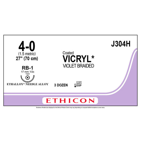 Ethicon COATED VICRYL Suture, Size: 4-0, Needle: RB-1, VIOLET, 36/bx. MPN: J304H